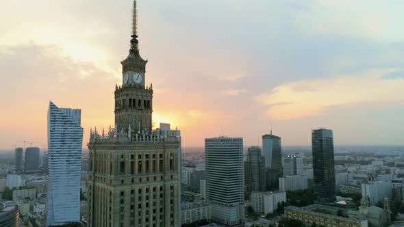 Urban Skyline with Skyscrappers. Aerial Panoramic View of Warsaw City Centre