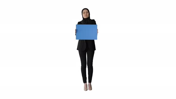 Muslim Woman's Protest Lady Dressed in Black and Holding a Blank Card on White Background