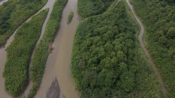 Revealing aerial footage of Costa Rica wetlands that meet the central pacific shore on a bright clou