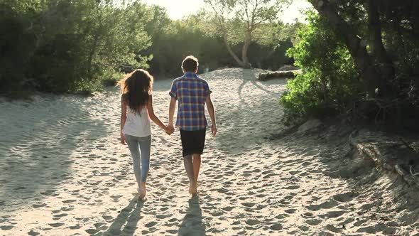 Young couple walking along sand