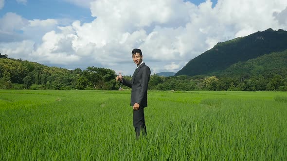 Businessman Thumb Up On Rice Fields