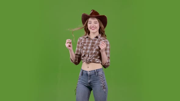 Cowboy Girl Dances Energetic Dances and Sings. Green Screen