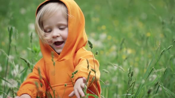Little Boy in Orange Hoodie Frolics in Tall Grass, Slow Motion