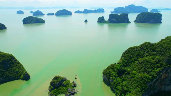 Aerial view from a drone over many islands at Phang Nga Bay