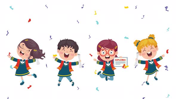 Cartoon Happy Kids In Graduation Costume