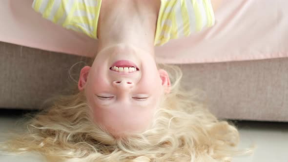 Portrait Handsome Cute Little Blonde Girl Having Fun in Bed in the Morning