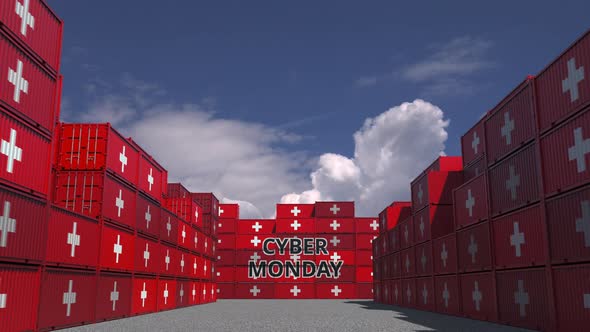 Containers with CYBER MONDAY Text and Flags of Switzerland alt