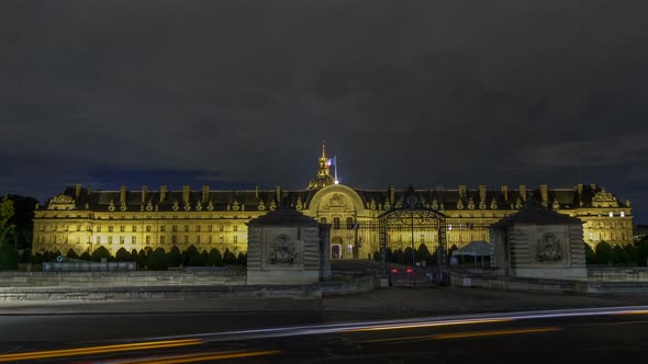 Les Invalides at Night Illumination Timelapse Hyperlapse in Paris France