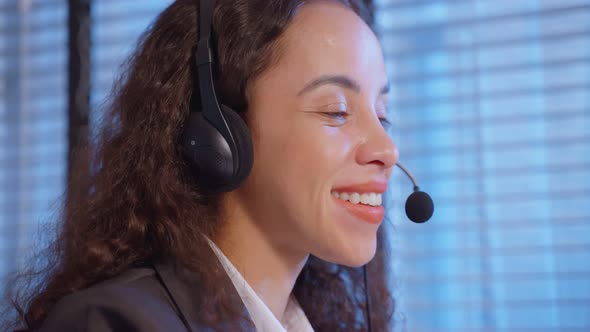 Latino beautiful business woman call center smile while work in office.