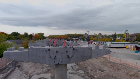 4K camera drone view of the construction site of the REM (Metropolitan Express Network) in Montreal.