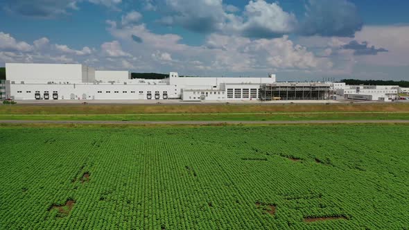 Aerial view over industrial factory. Aerial drone view of suburban industrial district