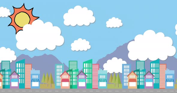Animation of cityscape moving against sun and sky in background alt