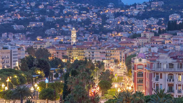 Evening Aerial Panorama of Nice Day To Night Timelapse, France. Lighted Old Town Little Streets and