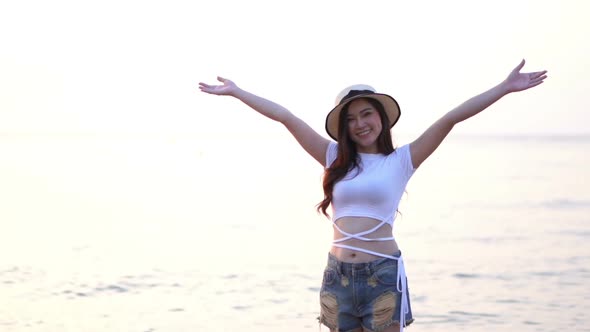 slow motion of woman enjoy on the sea beach