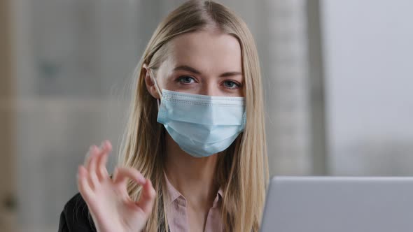 Portrait Caucasian Masked Girl Female Student Businesswoman User in Medical Protective Face Mask