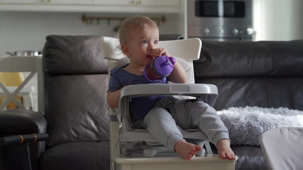 Cute Kid with Baby Straw Feeding Cup Sitting in Booster Seat One Year Old Toddler Watching Tv