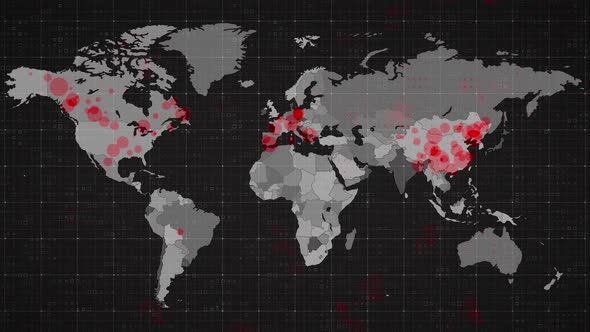 Animation of the world map and countries turning red through circles in a dark background