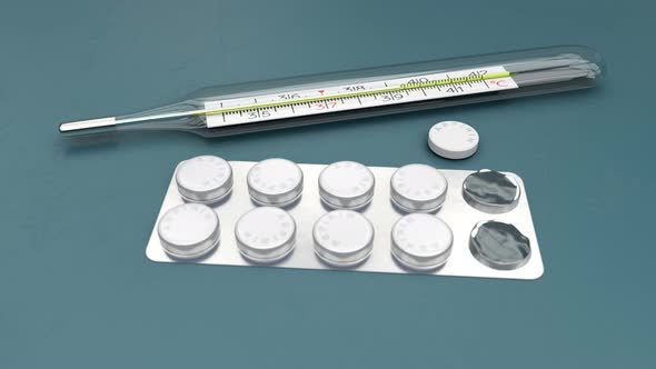 3d Animation With Opened Pills Blister Pack and the Glass Thermometer, Close Up 4k