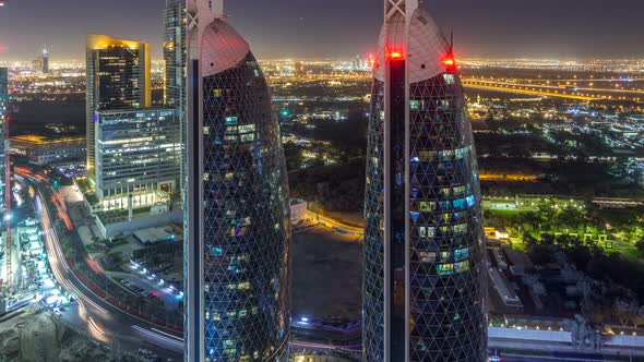 Skyline View of the Buildings of Sheikh Zayed Road and DIFC Night Timelapse in Dubai UAE