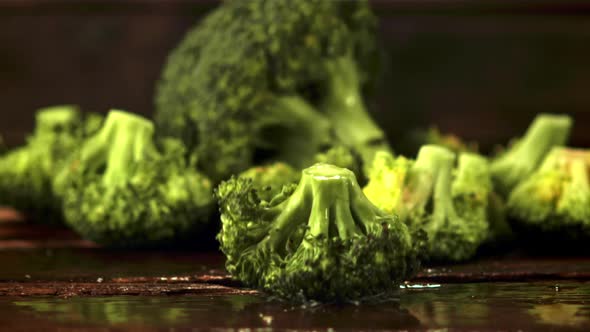 Super Slow Motion Broccoli Falls on the Table