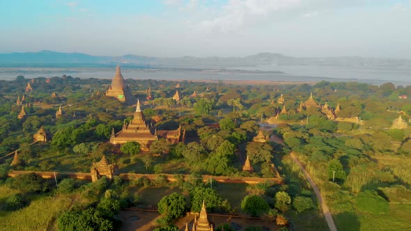 Bagan Myanmar Hot Air Balloon During Sunrise Above Temples and Pagodas of Bagan Myanmar Sunrise