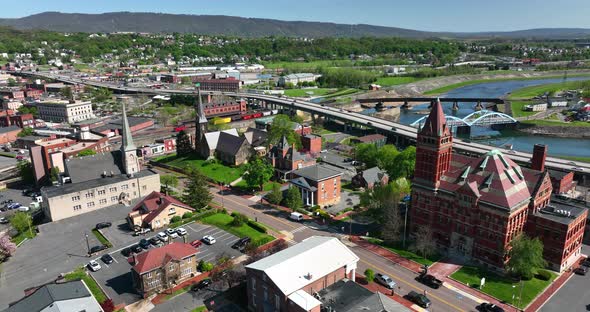 Cumberland Maryland and Potomac river border with West Virginia. Aerial of Washington Street.