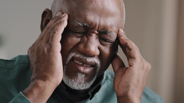 Closeup Face Sad Elderly African American Man Feeling Headache Chronic Migraine Unhealthy