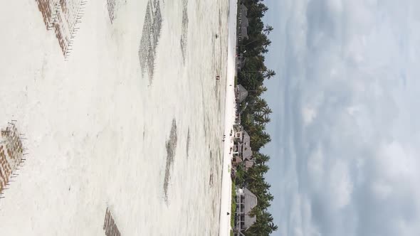 Vertical Video of Low Tide in the Ocean Near the Coast of Zanzibar Tanzania Aerial View