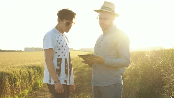 Two Farmers Resolve the Issue Between Themselves Using Tablet in Field on Sunset