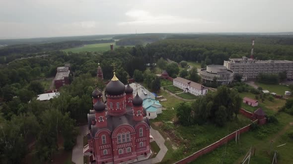 Flying over Cathedral of Ascension in Lukino, Russia