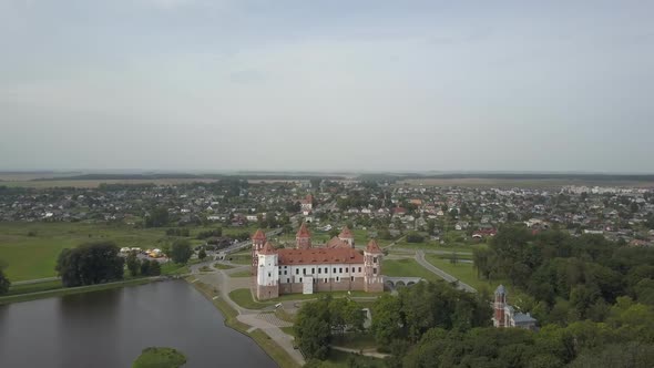 Mir Castle From a Bird's Eye View Shooting From Drone. Historic Landmark of Belarus Top View