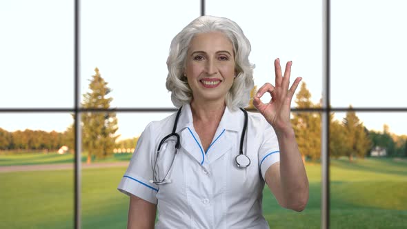 Smiling Female Doctor Showing OK Sign.