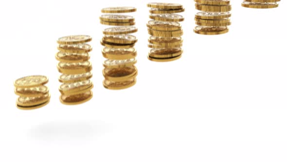 Falling golden bitcoins and growing up chart of btc cryptocurrency with arrow 4k