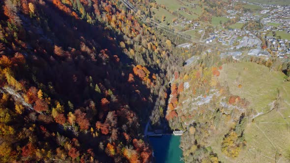 Drone Flight Over Klammsee Reservoir And Autumn Trees