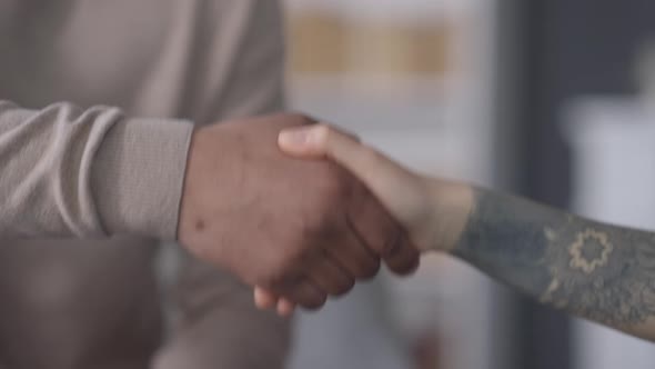 Closeup Handshake of African American Male Hand and Caucasian Tattooed Female Arm