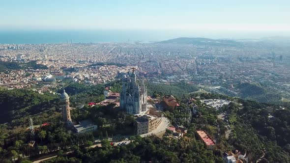 Barcelona Drone Shot Of Tibidabo Church At Sunny Day