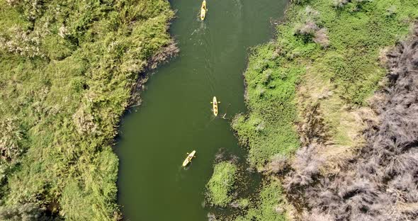 Aerial view of people with a kayak in the river, Negev region, Israel.
