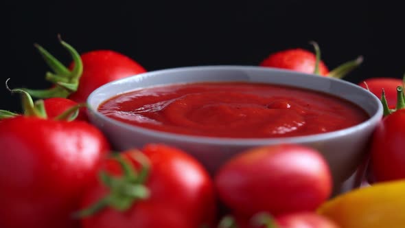 Homemade tomato sauce, spinning on black background