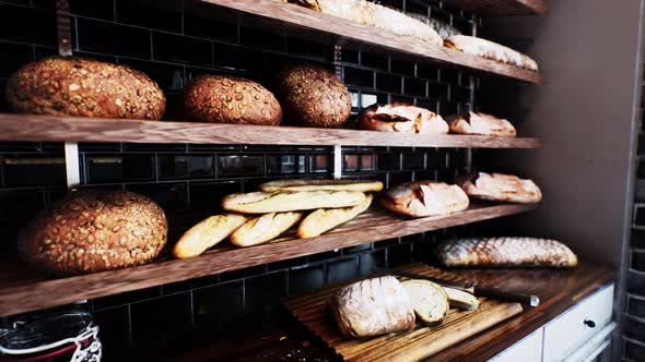 Fresh Bread on Shelves in Bakery