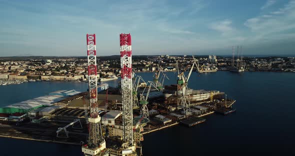 Aerial view of Pula harbour and a shipyard, Pula, Istria, Croatia.