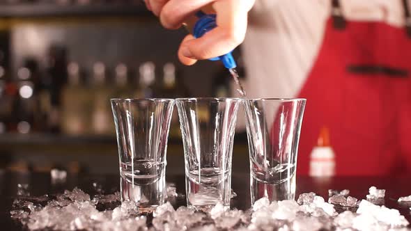 Professional Male Bartender Pouring Alcoholic Drink in a Shot Glasses in a Nightclub