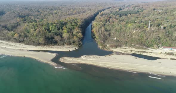 Aerial view of mouth of the river Kamchia. Estuary of River Kamchia, Black sea coast, Bulgaria