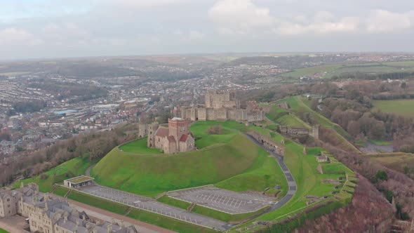 Circling aerial shot of dover castle UK