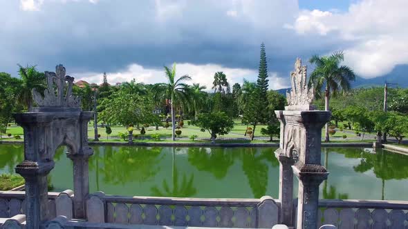 Aerial View of Bridge in Bali Ujung Water Palace near Mount Agung, Bali, Indonesia