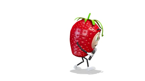 Strawberry Singing Or Talking With Microphone on White Background