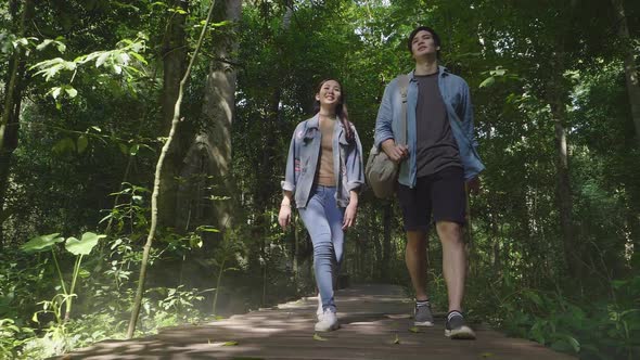 Couple Walking On Wooden Path In Tropical Forest