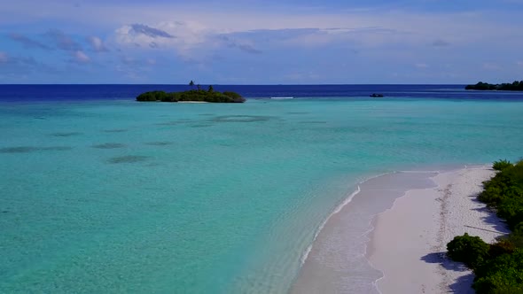 Drone view sky of exotic seashore beach break by blue lagoon with sand background