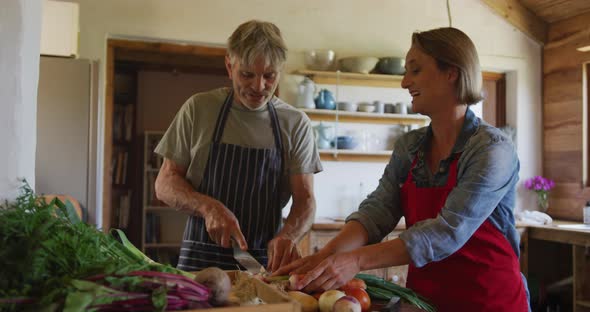 Smiling senior caucasian couple wearing aprons and cooking in kitchen