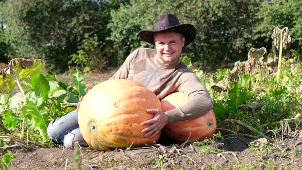 Farmer with Pumpkins Young Farmer with Pumpkins Hugging a Big Pumpkin