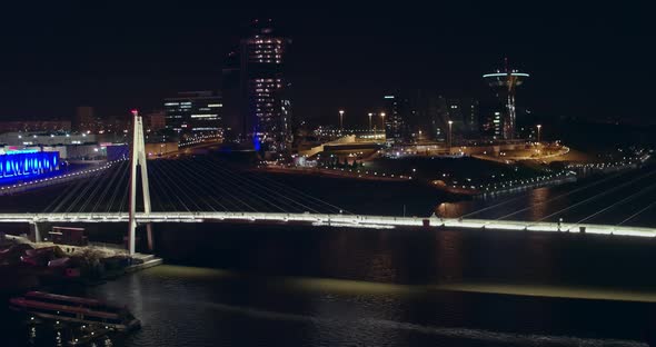 Aerial Night Pavshinsky Bridge with Pedestrians